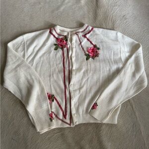 60’s Chic White Cardigan with Pink Floral Embroidery